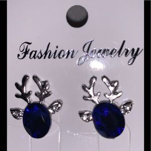 BRIGHT BLUE STONE REINDEER EARRINGS W/ SILVER NEW